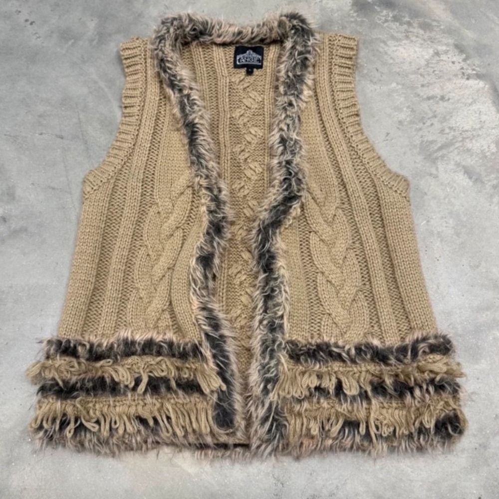 Angie Womens Large Tan Cable Knit Sweater Vest Faux Fur Trim Fringe Open Front